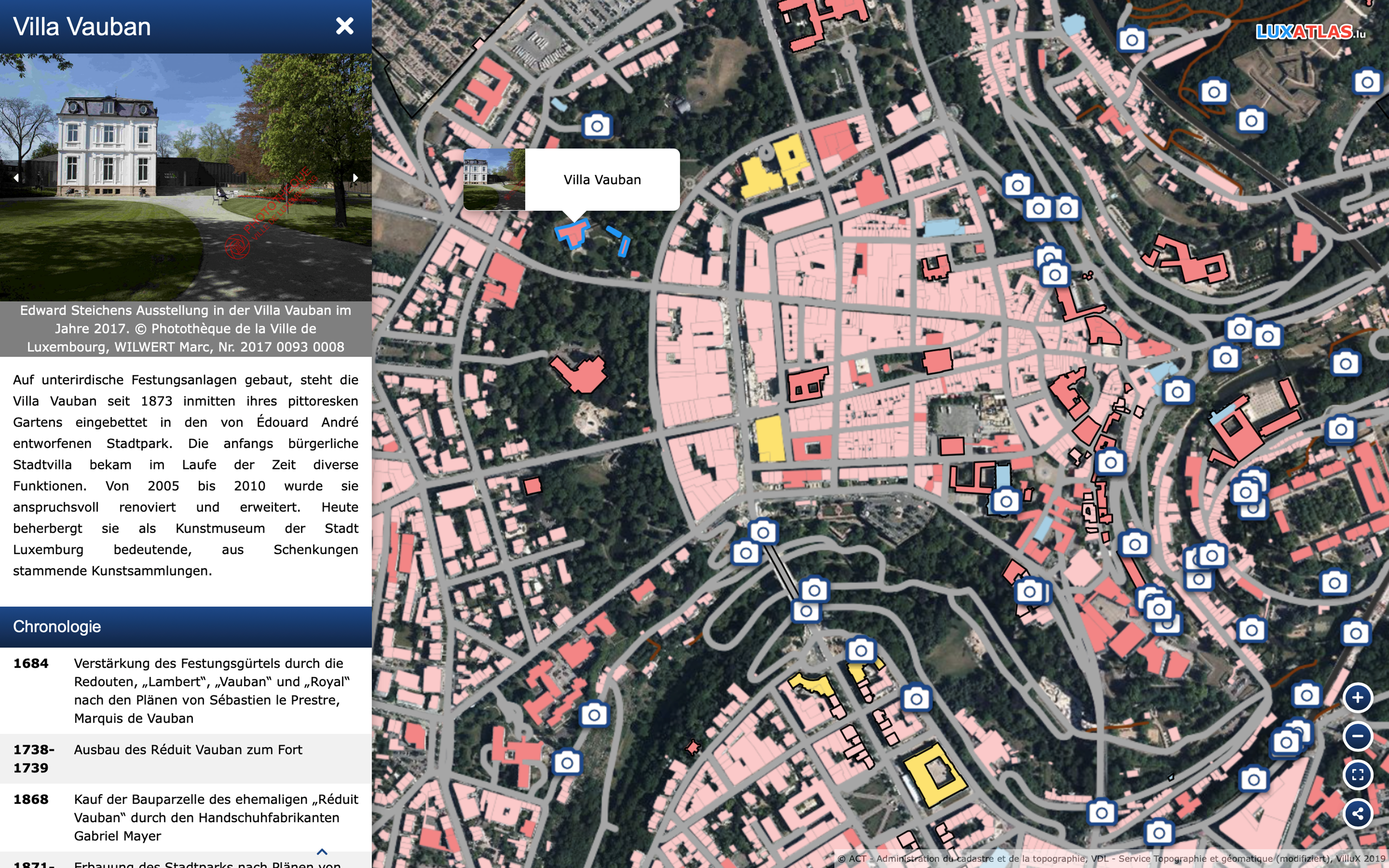On click integration of explanatory texts, pictures, photos and plans for selected buildings